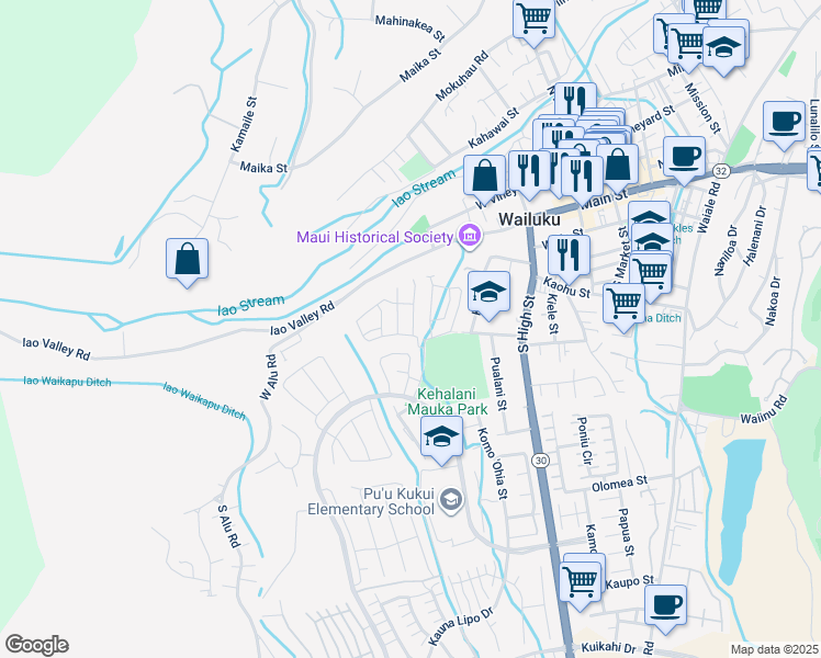 map of restaurants, bars, coffee shops, grocery stores, and more near 27 Kakawahie Street in Wailuku