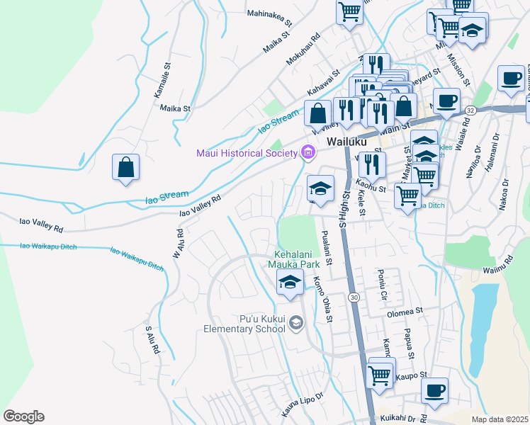 map of restaurants, bars, coffee shops, grocery stores, and more near 154 Akialoa Place in Wailuku