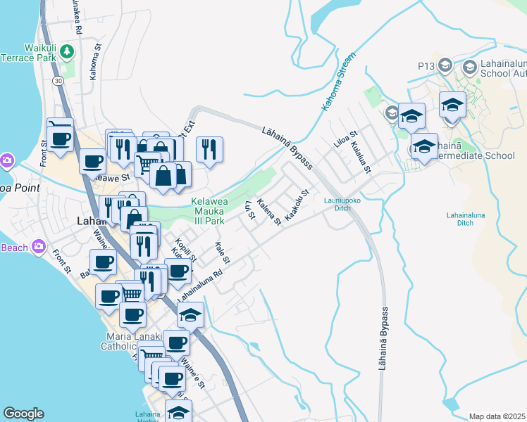 map of restaurants, bars, coffee shops, grocery stores, and more near 857 Kalena Street in Lahaina