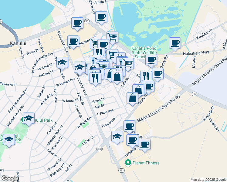 map of restaurants, bars, coffee shops, grocery stores, and more near 144 Kuhuoi Street in Kahului