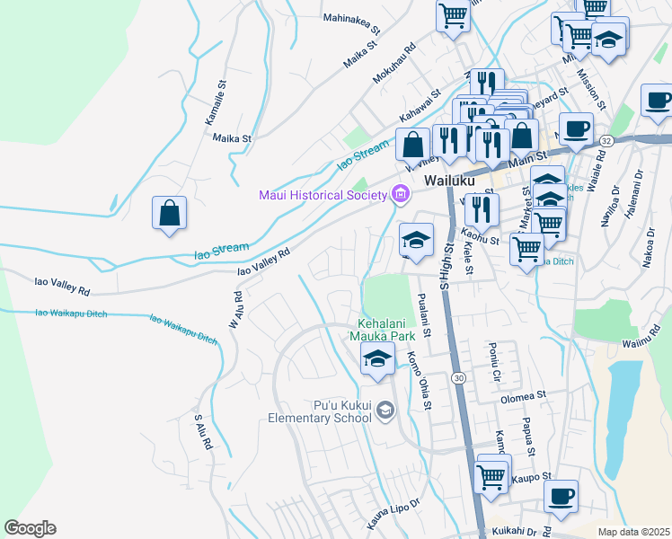 map of restaurants, bars, coffee shops, grocery stores, and more near 81 Hoolaau Street in Wailuku
