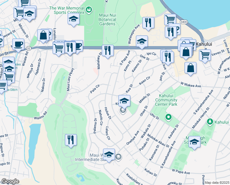 map of restaurants, bars, coffee shops, grocery stores, and more near 225 South Papa Avenue in Kahului
