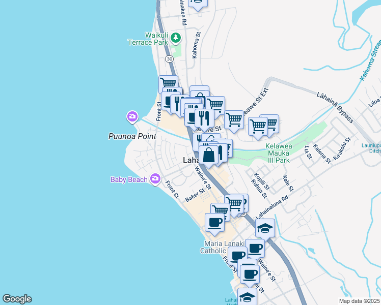 map of restaurants, bars, coffee shops, grocery stores, and more near Kahoma Street in Lahaina