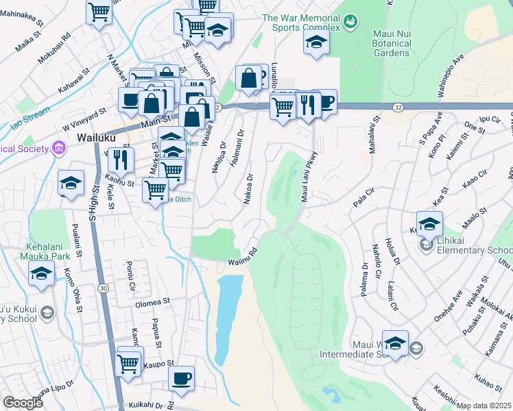map of restaurants, bars, coffee shops, grocery stores, and more near 148 Keoneloa Street in Wailuku