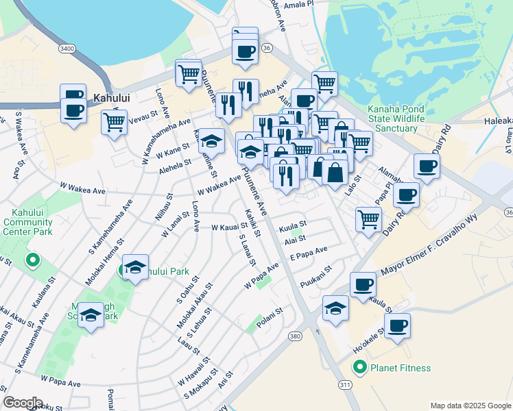 map of restaurants, bars, coffee shops, grocery stores, and more near 324 Puunene Avenue in Kahului