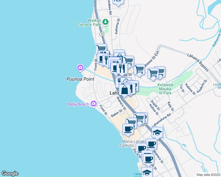 map of restaurants, bars, coffee shops, grocery stores, and more near 263 Kahoma Village Loop in Lahaina