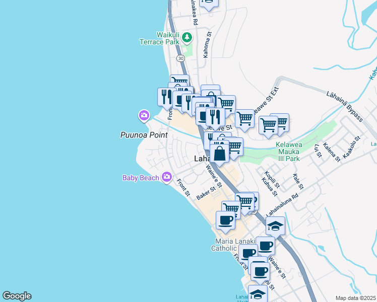 map of restaurants, bars, coffee shops, grocery stores, and more near 281 Kahoma Village Loop in Lahaina