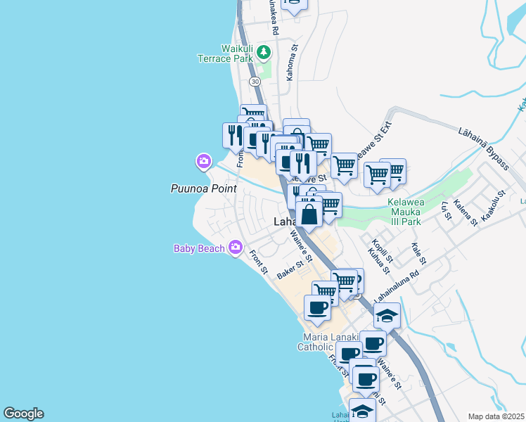 map of restaurants, bars, coffee shops, grocery stores, and more near 292 Kahoma Village Loop in Lahaina