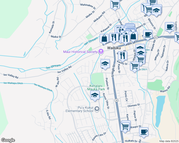 map of restaurants, bars, coffee shops, grocery stores, and more near 24 Kakawahie Street in Wailuku