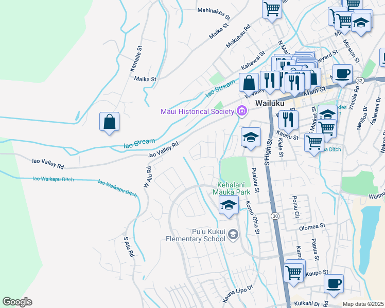 map of restaurants, bars, coffee shops, grocery stores, and more near 163 Akialoa Place in Wailuku