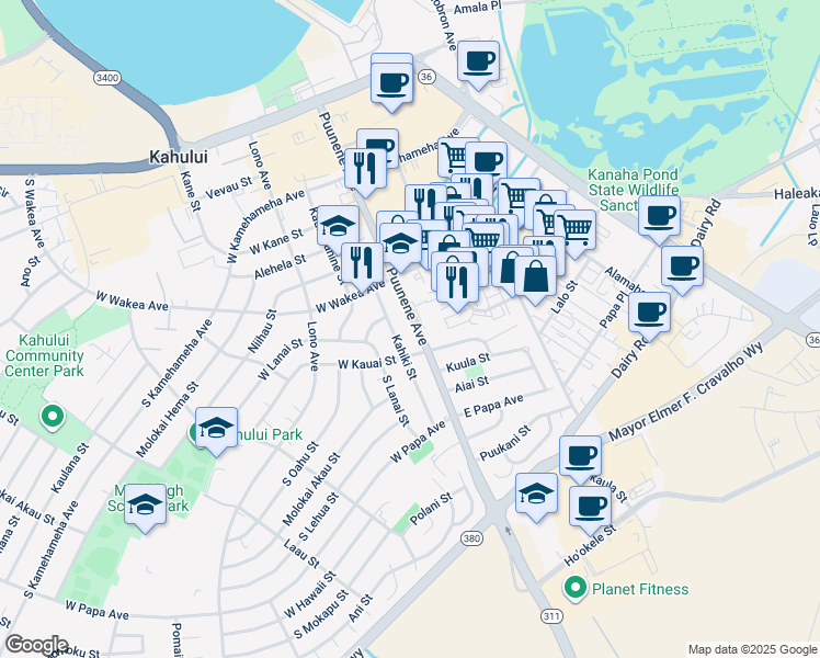map of restaurants, bars, coffee shops, grocery stores, and more near 324 Puunene Avenue in Kahului
