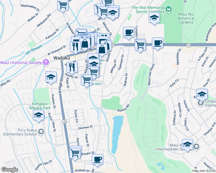map of restaurants, bars, coffee shops, grocery stores, and more near 338A Naniloa Drive in Wailuku
