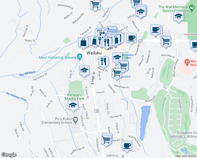 map of restaurants, bars, coffee shops, grocery stores, and more near 377 Kiele Street in Wailuku