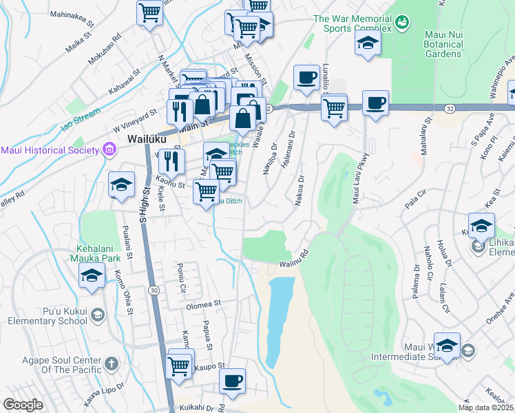 map of restaurants, bars, coffee shops, grocery stores, and more near 338 Naniloa Drive in Wailuku