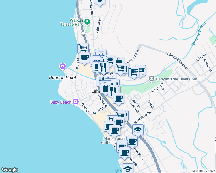 map of restaurants, bars, coffee shops, grocery stores, and more near 1400 Limahana Place in Lahaina