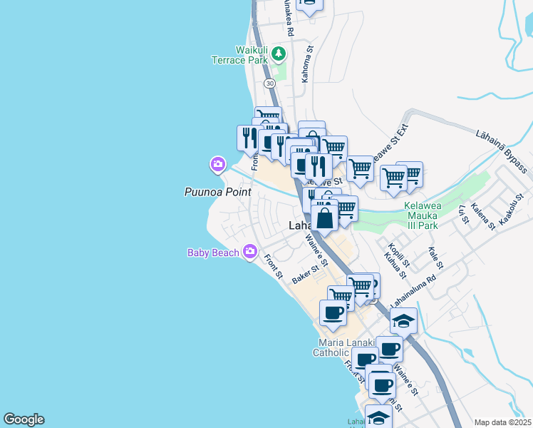 map of restaurants, bars, coffee shops, grocery stores, and more near 638 Hoe Kawele Lane in Lahaina