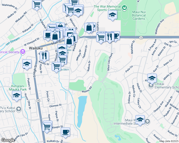 map of restaurants, bars, coffee shops, grocery stores, and more near 222 Nakoa Drive in Wailuku