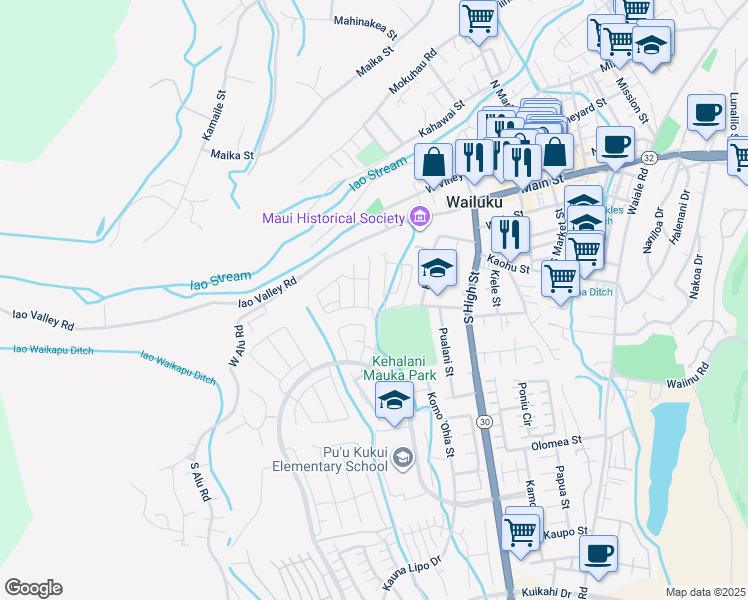 map of restaurants, bars, coffee shops, grocery stores, and more near 106 Eulu Street in Wailuku