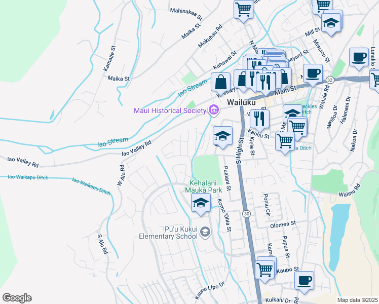 map of restaurants, bars, coffee shops, grocery stores, and more near 24 Kakawahie Street in Wailuku
