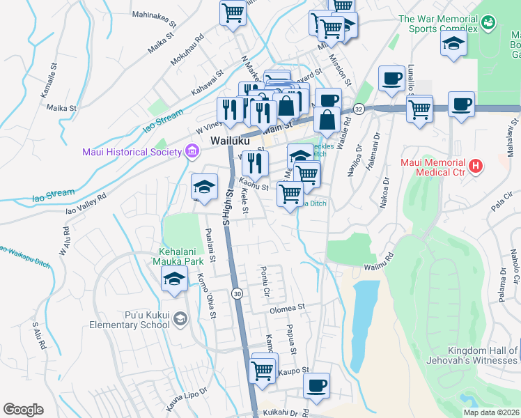 map of restaurants, bars, coffee shops, grocery stores, and more near 372a Kalua Road in Wailuku
