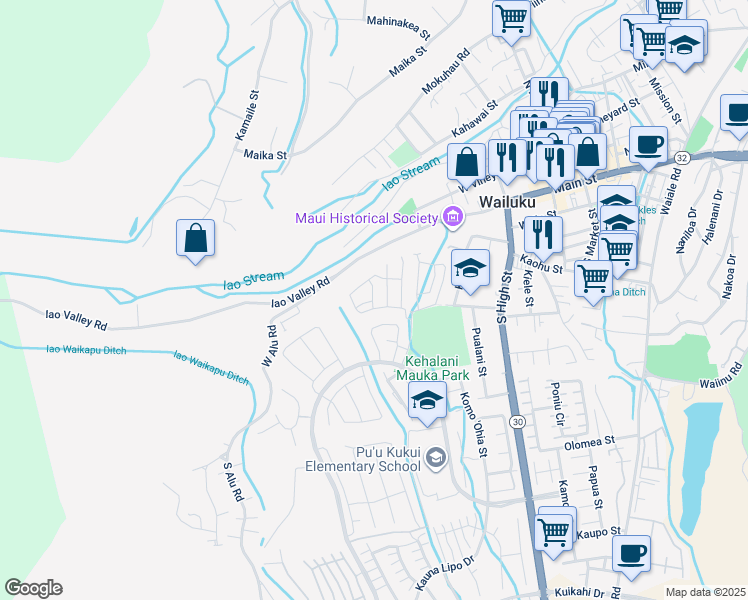 map of restaurants, bars, coffee shops, grocery stores, and more near Po`ouli Street in Wailuku