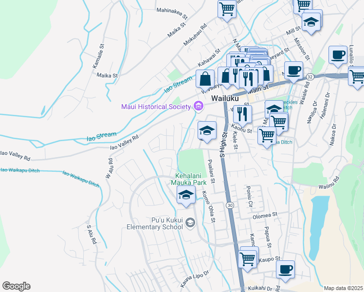 map of restaurants, bars, coffee shops, grocery stores, and more near 106 Eulu Street in Wailuku