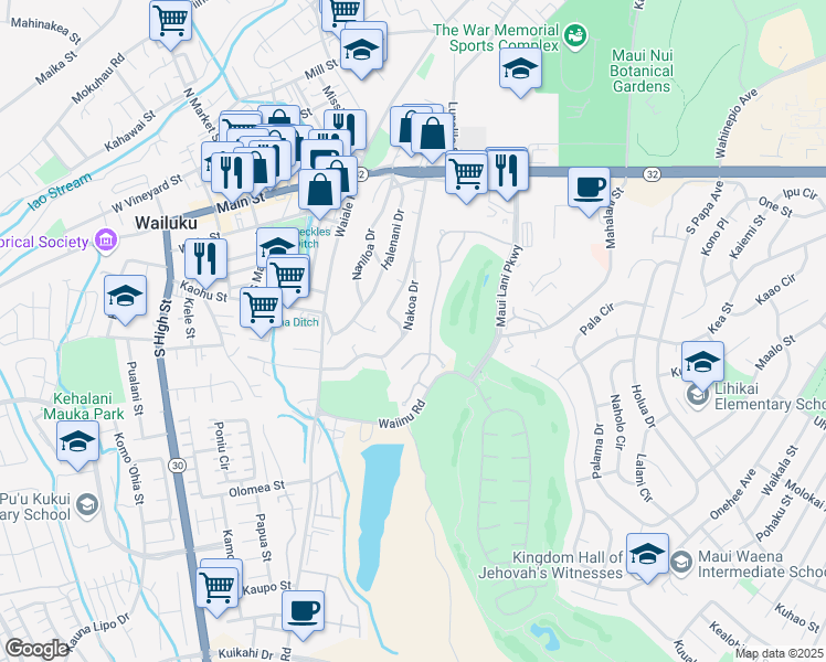 map of restaurants, bars, coffee shops, grocery stores, and more near 222 Nakoa Drive in Wailuku