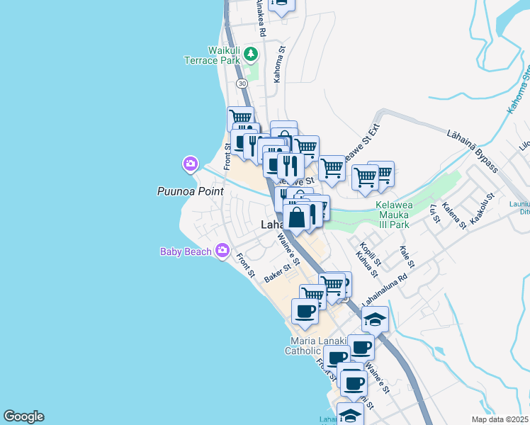 map of restaurants, bars, coffee shops, grocery stores, and more near 263 Kahoma Village Loop in Lahaina