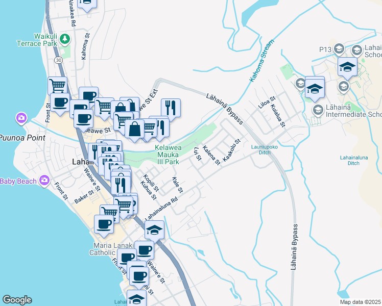 map of restaurants, bars, coffee shops, grocery stores, and more near 511 Aki Street in Lahaina
