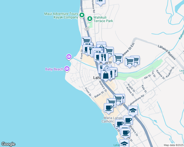 map of restaurants, bars, coffee shops, grocery stores, and more near 269 Kahoma Village Loop in Lahaina