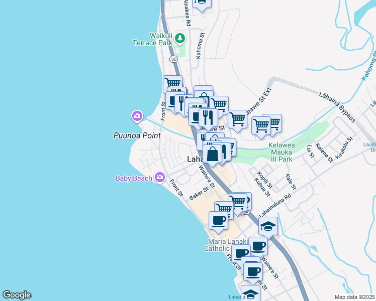 map of restaurants, bars, coffee shops, grocery stores, and more near 637 Hoe Kawele Lane in Lahaina