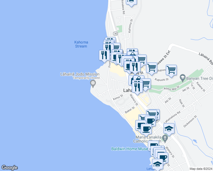 map of restaurants, bars, coffee shops, grocery stores, and more near 1199 Front Street in Lahaina