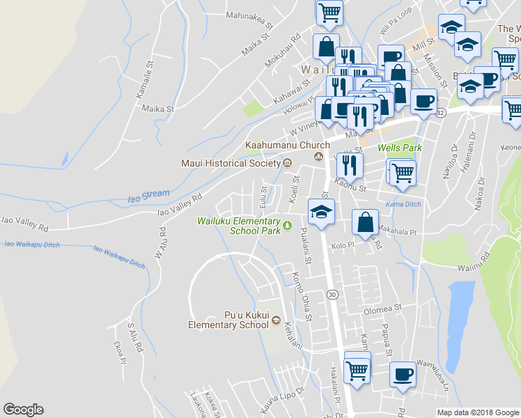 map of restaurants, bars, coffee shops, grocery stores, and more near 107 Eulu Street in Wailuku