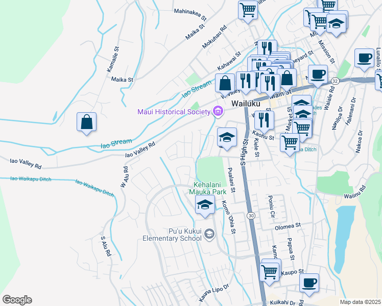 map of restaurants, bars, coffee shops, grocery stores, and more near 26 Kakawahie Street in Wailuku