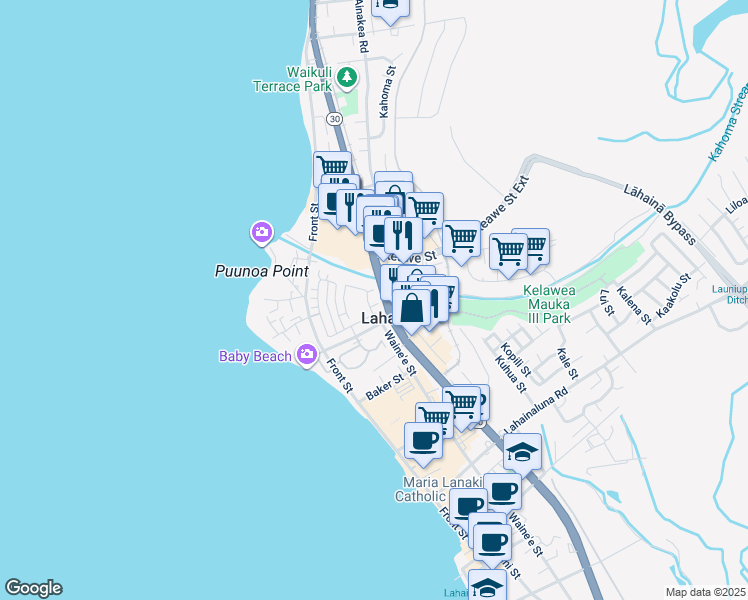 map of restaurants, bars, coffee shops, grocery stores, and more near 268 Kahoma Village Loop in Lahaina