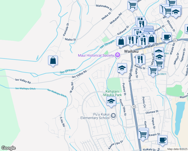 map of restaurants, bars, coffee shops, grocery stores, and more near 130 Hoolaau Street in Wailuku