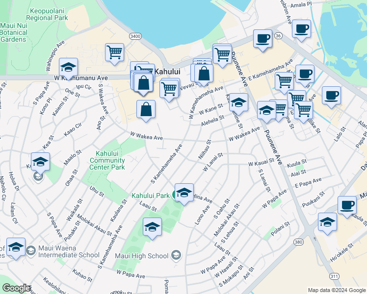 map of restaurants, bars, coffee shops, grocery stores, and more near 311 South Kamehameha Avenue in Kahului