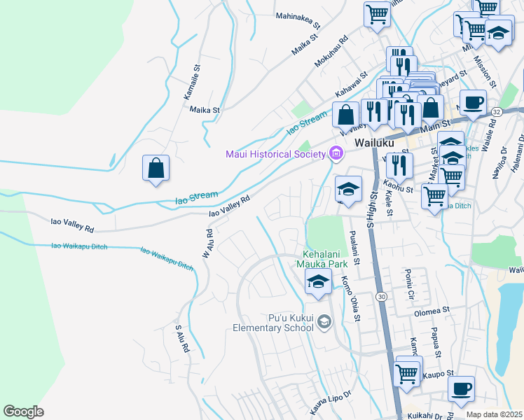 map of restaurants, bars, coffee shops, grocery stores, and more near 115 Hoolaau Street in Wailuku