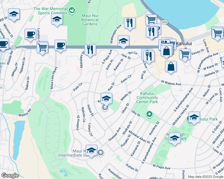 map of restaurants, bars, coffee shops, grocery stores, and more near 583 Kea Street in Kahului
