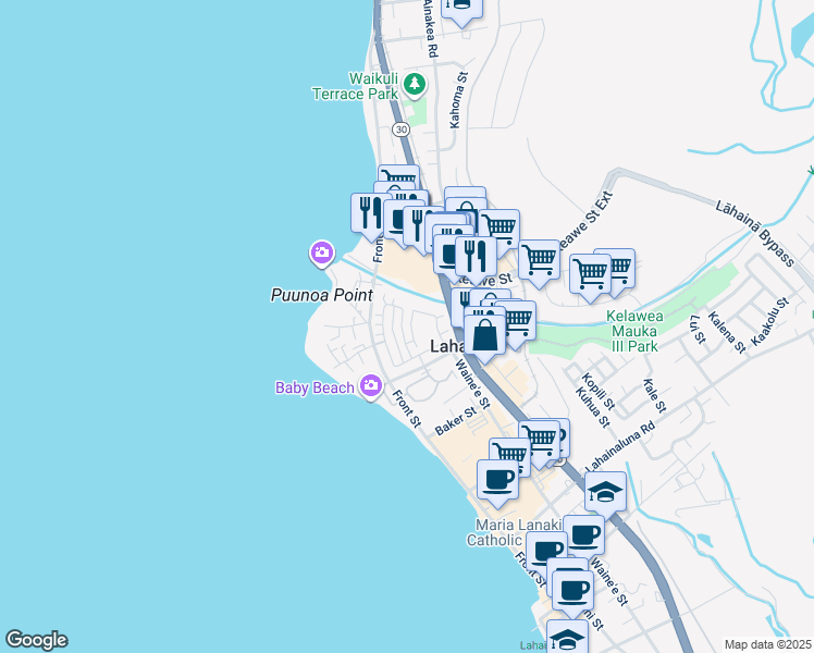 map of restaurants, bars, coffee shops, grocery stores, and more near 298 Kahoma Village Loop in Lahaina