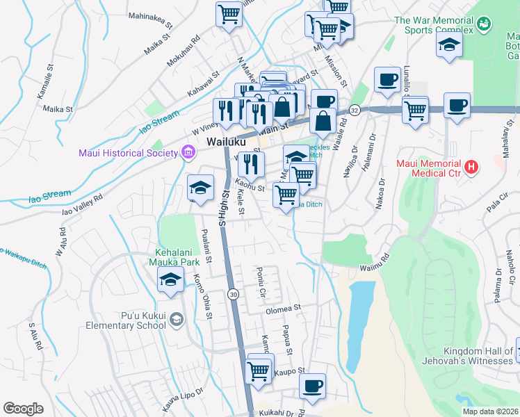 map of restaurants, bars, coffee shops, grocery stores, and more near 372a Kalua Road in Wailuku