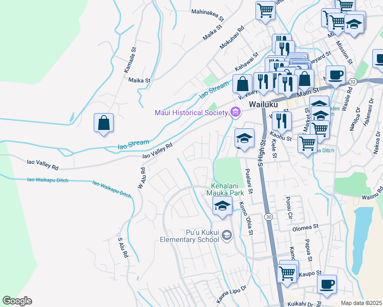 map of restaurants, bars, coffee shops, grocery stores, and more near Po`ouli Street in Wailuku