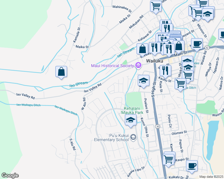 map of restaurants, bars, coffee shops, grocery stores, and more near Po`ouli Street in Wailuku