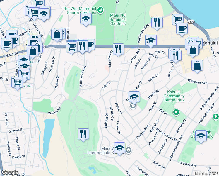 map of restaurants, bars, coffee shops, grocery stores, and more near 726 Kea Street in Kahului