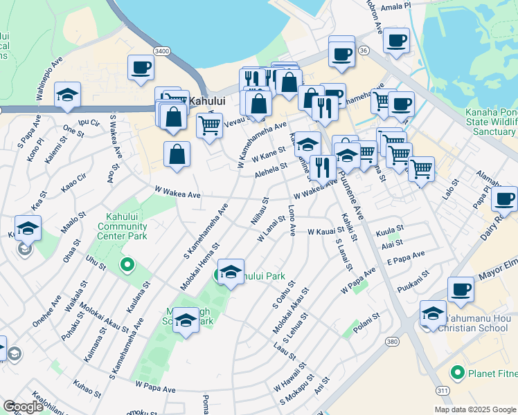 map of restaurants, bars, coffee shops, grocery stores, and more near 198 Niihau Street in Kahului