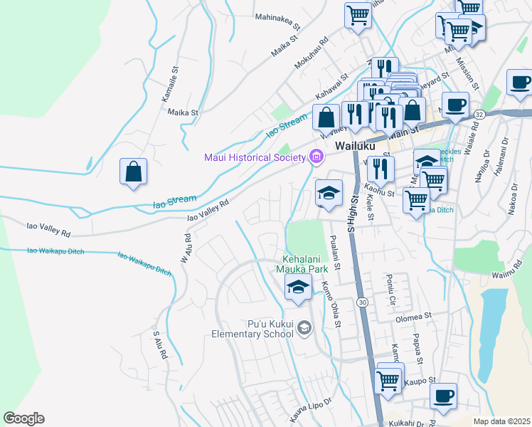 map of restaurants, bars, coffee shops, grocery stores, and more near 157 Akialoa Place in Wailuku