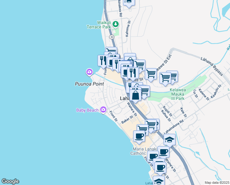 map of restaurants, bars, coffee shops, grocery stores, and more near 292 Kahoma Village Loop in Lahaina