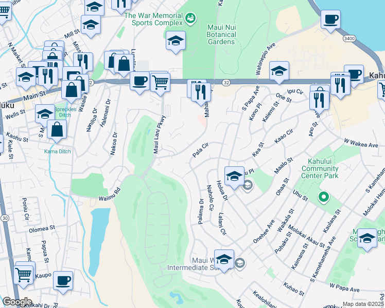 map of restaurants, bars, coffee shops, grocery stores, and more near 794 Pala Circle in Kahului