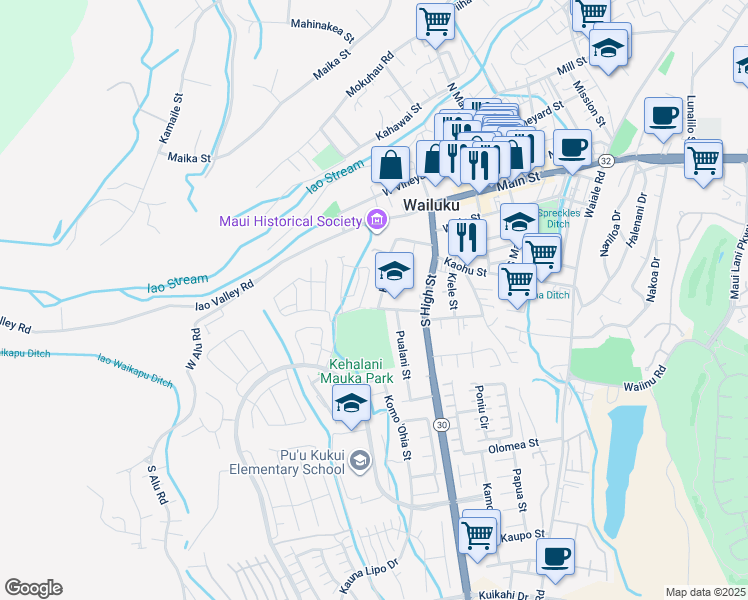 map of restaurants, bars, coffee shops, grocery stores, and more near 295 Koeli Street in Wailuku