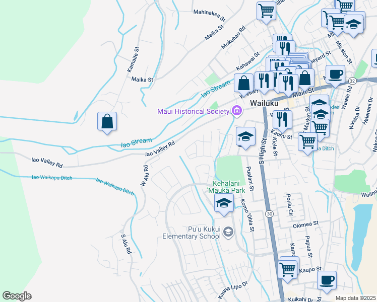 map of restaurants, bars, coffee shops, grocery stores, and more near 197 `Akepa Lane in Wailuku